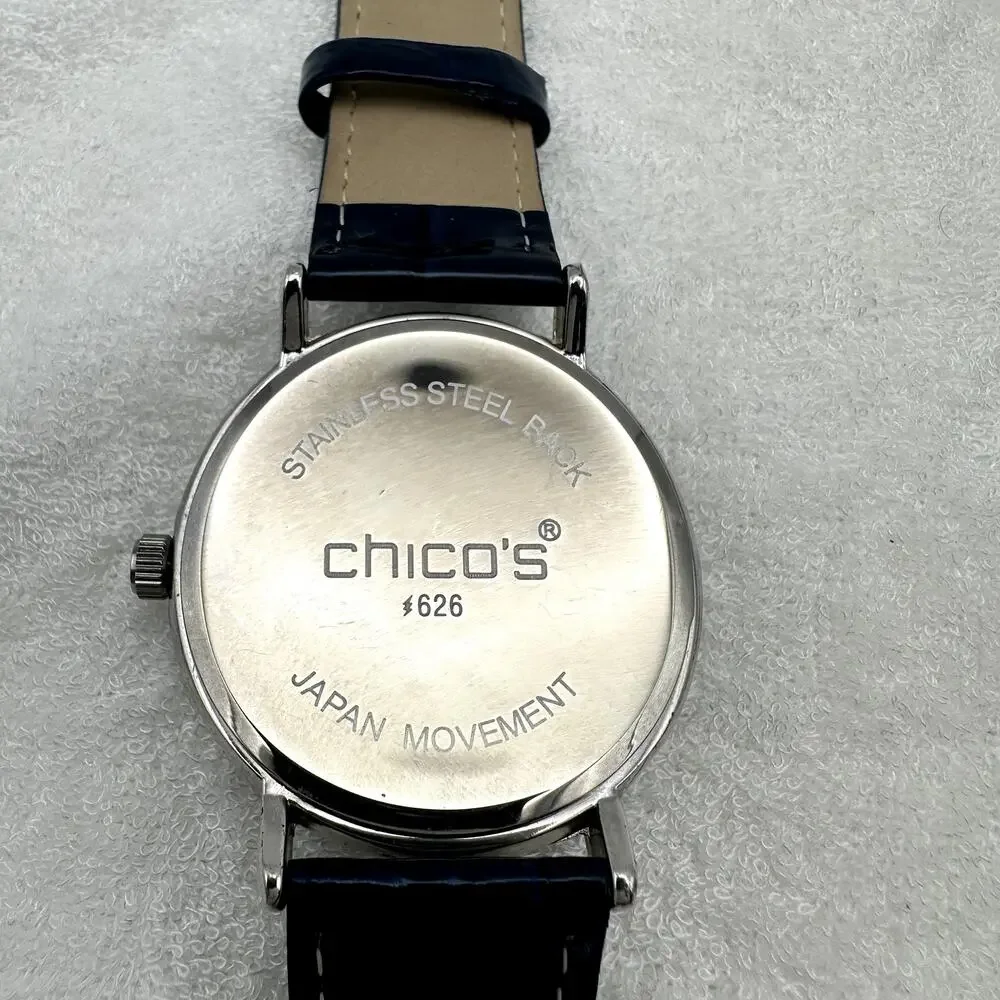 Chico's Quartz Watch Blue Leather Strap Rhinestone Bezel Roman Dial